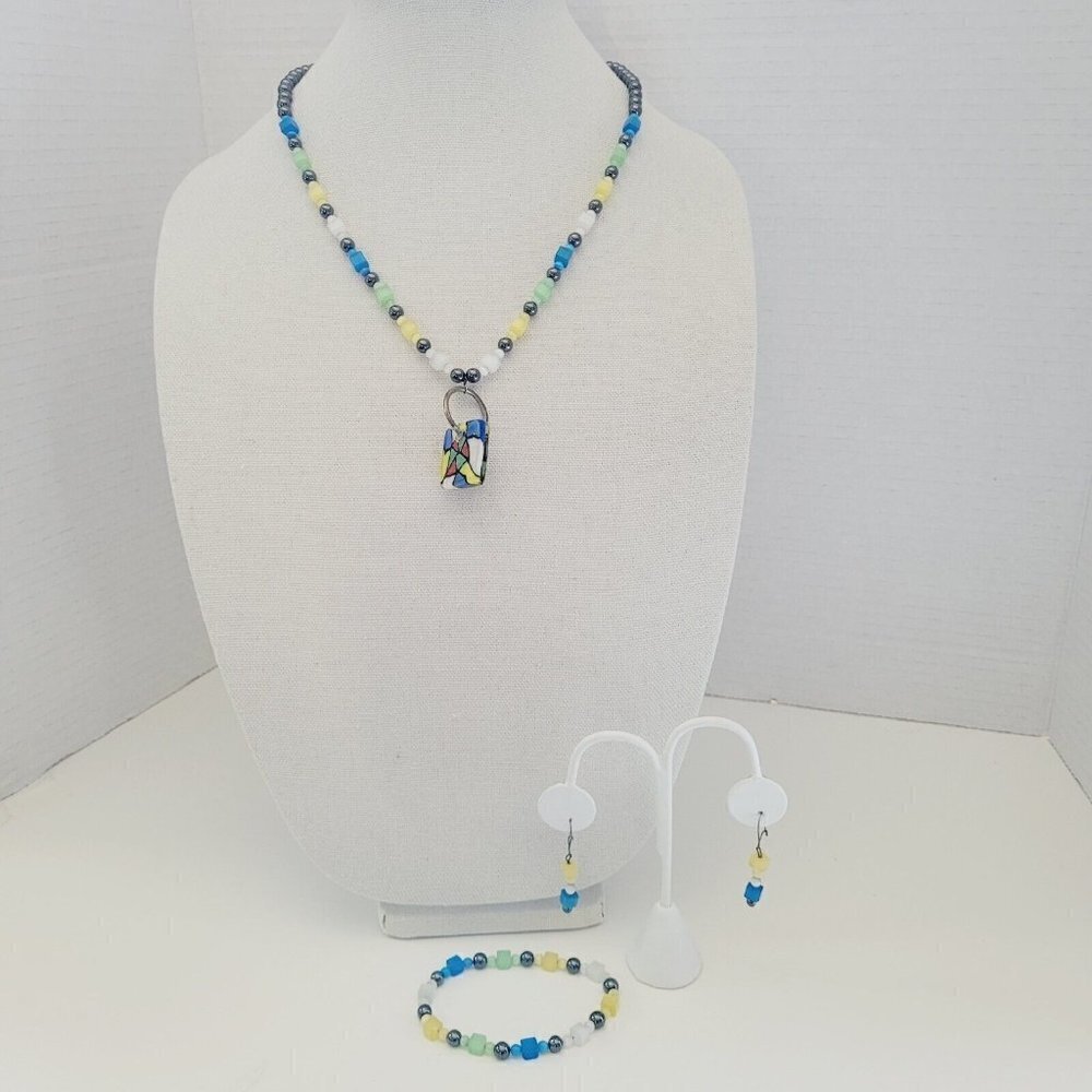 3 Piece Set Mosaic Magnetic 22" Necklace Bracelet Earrings Glass Toggle Beaded